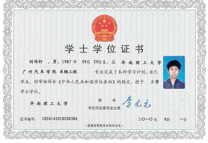 学士学位证书样本